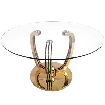 De minimalistische Gouden Eettafel van de Roestvrij staalbasis met Glasbovenkant