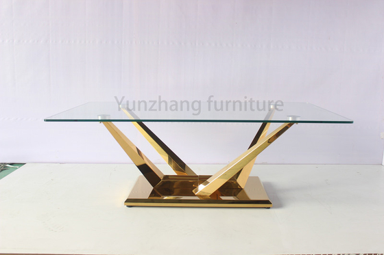 Rectangular Transparent Glass Eettafel Roestvrij staal Meubelen Met Gouden Basis