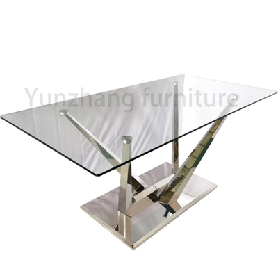 Zilveren eettafel met helder glas Modern plein