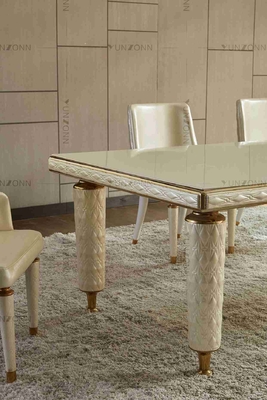 Van de de Dekkingsluxe van het borduurwerkleer van het de Eettafels Wit Aangemaakt Glas Modern Hoogste het Roestvrije staalkader voor Huis
