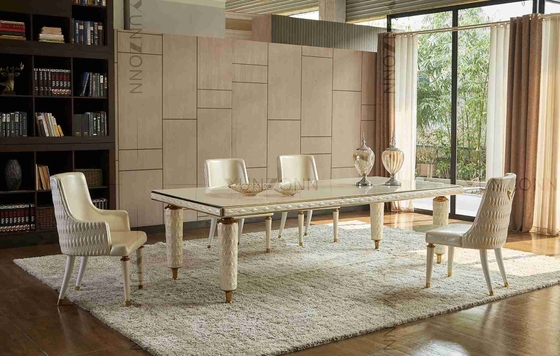 Van de de Dekkingsluxe van het borduurwerkleer van het de Eettafels Wit Aangemaakt Glas Modern Hoogste het Roestvrije staalkader voor Huis