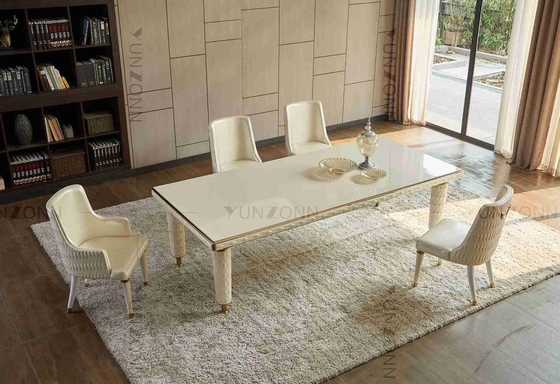 Van de de Dekkingsluxe van het borduurwerkleer van het de Eettafels Wit Aangemaakt Glas Modern Hoogste het Roestvrije staalkader voor Huis