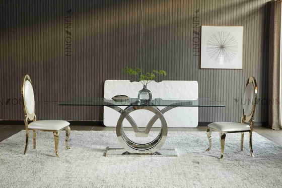 Van het de Luxe plaatste de Moderne Glas van het zeemeeuwenontwerp Hoogste Eettafel 4 Seater het Kaderzilver van de Roestvrij staalbasis