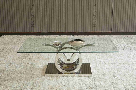 Van het de Luxe plaatste de Moderne Glas van het zeemeeuwenontwerp Hoogste Eettafel 4 Seater het Kaderzilver van de Roestvrij staalbasis