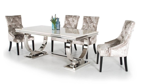 De zilveren Gouden Eettafel van het Roestvrij staalbeen plaatste 6 Seater met Marmeren Bovenkant