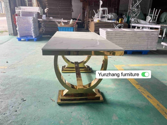 De zilveren Gouden Eettafel van het Roestvrij staalbeen plaatste 6 Seater met Marmeren Bovenkant