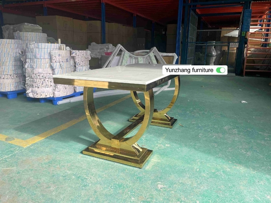 De zilveren Gouden Eettafel van het Roestvrij staalbeen plaatste 6 Seater met Marmeren Bovenkant