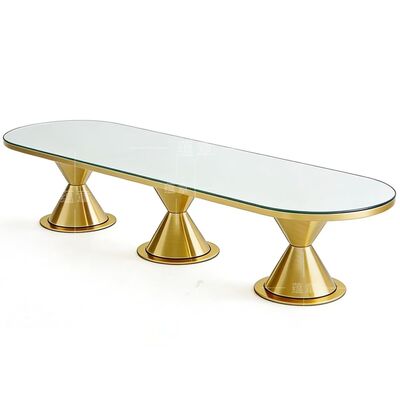 Goede prijs Luxe nieuwkomer Modern goud roestvrij staal benen ovaal buiten eetkamer trouwtafel met gehard glas Hoofdmeubelen online