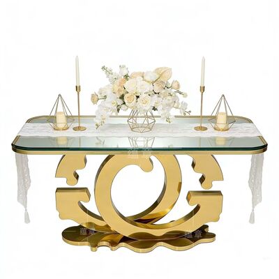 Goede prijs Luxe trouwbankettafel met gouden roestvrijstalen onderstel en gehard glazen blad voor restaurants & hotels online