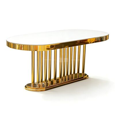 Goede prijs Huwelijksmeubilair Groothandel Goud Oval Roestvrij staal Frame Wit Spiegel Glas Top Lang Tafel Eetkamer Hotel Tafel voor bruiloft online