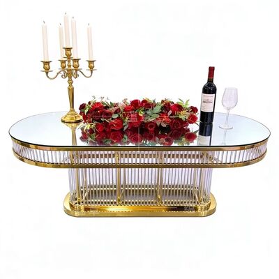 Goede prijs Luxe Moderne Ovalen Roestvrijstalen Frame Gehard Glazen Tafel Duurzame Trouwtafel voor Restaurants online
