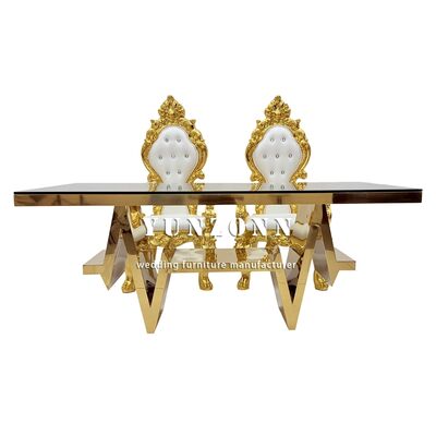 Goede prijs Groothandel Onkruidmeubelen Tafel Moderne luxe goud roestvrij staal glas Eetkamer Tafel 6 stoelen sets online