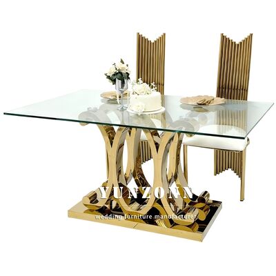 Goede prijs Moderne Luxe Gouden Poten Rechthoekige Eettafel Decoratie Glazen Tafel Set Roestvrij Stalen Tafels voor Evenementen Bruiloft Banket Decoraties online