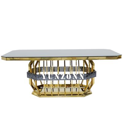 Goede prijs Modern goud roestvrij staal bruiloft banket Eettafel rechthoekig Glas hotelmeubelen voor bruiloft tafels en verhuur online