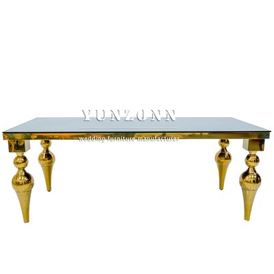 Goede prijs Foshan Fabriek Goedkope Prijs Hotel Eetkamer Meubilair Goud Roestvrij Staal Spiegel Glas Tafelblad Bruiloft Tafel online