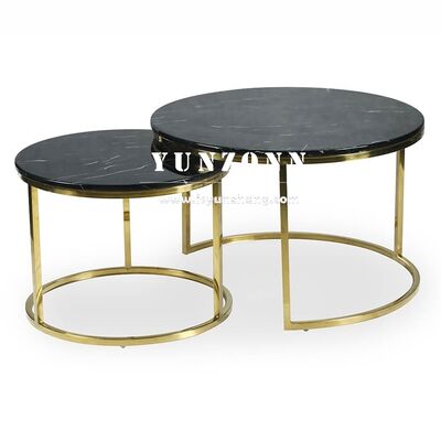 Goede prijs Minimalistische huishoudelijke meubels Metalen nesttafels met zwart glas/marmeren bovenkant Ronde banktafel Tempered Glass Koffietafel online