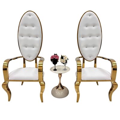 Goede prijs Luxe Stijl Hete Verkoop Hoge Rug Roestvrij Staal Stoel Met Armleuning Koning Stoel Voor Bruiloft Gebruikt online