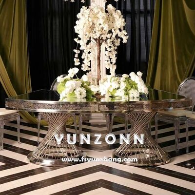 Goede prijs Nest Base Double Pedestal Eettafel met spiegelglas Top Gold Centrum voor bruiloften en hotels online