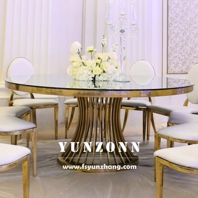 Goede prijs Luxe ronde eettafel met gouden roestvrijstalen basis en glazen bovenkant voor bruiloften en evenementen Banketten Hotelmeubelen online