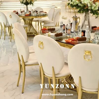 Goede prijs Banketzaal Ronde rug Velvet goud roestvrij staal Restaurant Huwelijksevenementen Stoel online