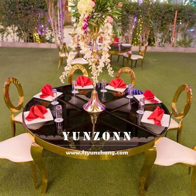 Goede prijs Luxe moderne eettafel van roestvrij staal met glazen bovenkant voor buiten bruiloft hotel feest banket rond ontwerp online