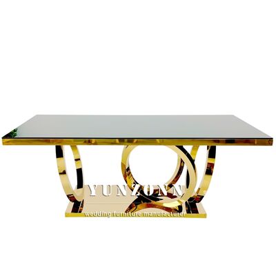 Goede prijs Moderne Luxe Gouden Poten Rechthoekige Eettafel Decoratie Glazen Tafel Set Roestvrij Stalen Tafels voor Evenementen Bruiloft Banket Decoraties online