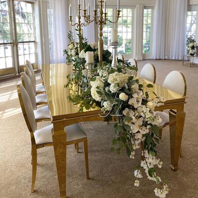 Goede prijs Moderne eettafel met roestvrijstalen basis gehard glas voor thuis restaurant hotel buiten gemaakt van marmeren metaal online