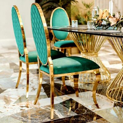 Goede prijs Duurzame Roestvrij Stalen Trouwstoel Luxe Goud Stapelbaar voor Buiten Gym Appartement Villa Ovaal Rug Restaurant Banket Verhuur online