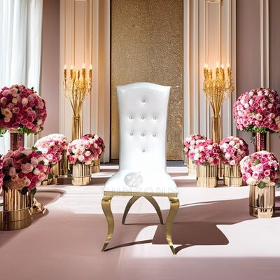 Goede prijs Luxe hoge rugleuning Eetstoel in goud roestvrij staal kruisbenen voor buitenwoning Hotels en bruiloften online